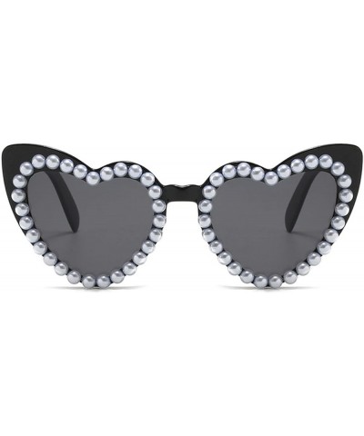 Vintage Heart Pearl Sunglasses for Women Luxury Diamond Shiny Sun Glasses Ladies Retro UV Protection Heart Eyewear Black $9.3...