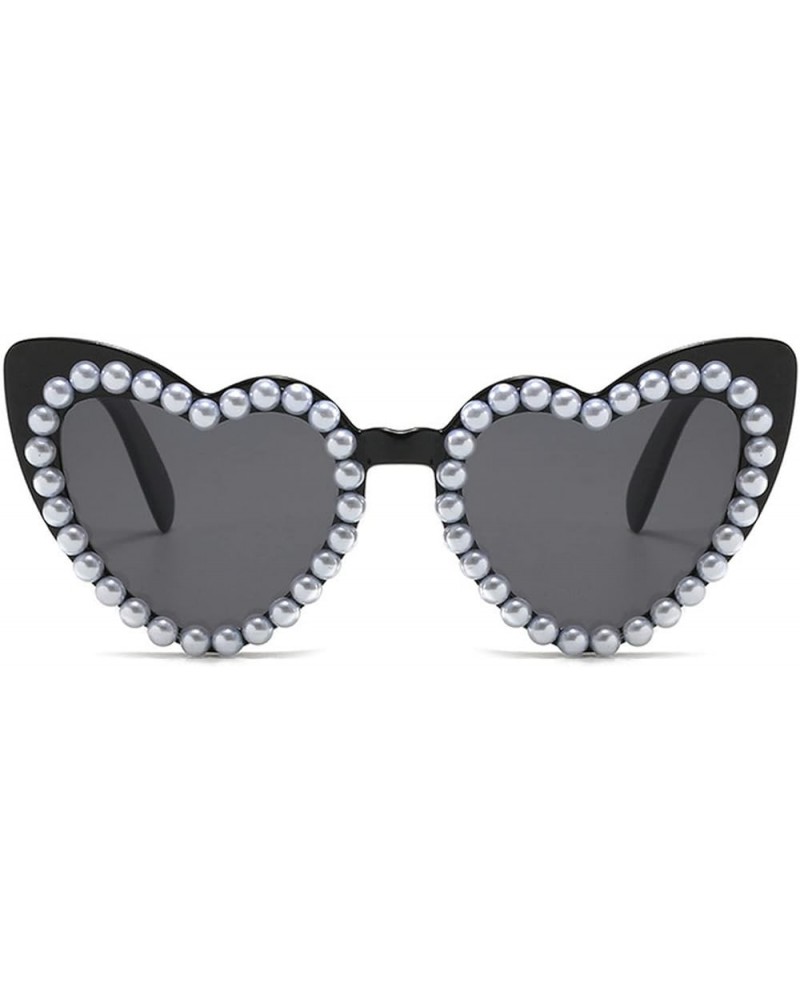 Vintage Heart Pearl Sunglasses for Women Luxury Diamond Shiny Sun Glasses Ladies Retro UV Protection Heart Eyewear Black $9.3...