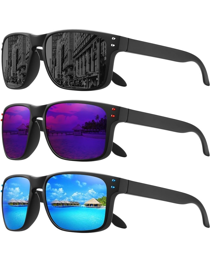 Polarized Sunglasses for Men Women Sports Driving Fishing Glasses UV400 Protection 3pack-black+black Frame/Purple Blue Mirror...