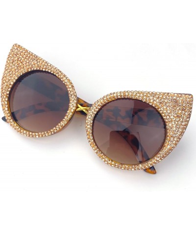 Trendy Cat Eye Rhinestone Bling Sunglasses for Women Cute Round Diamond Sunglasses Vintage Female bling Party Sunglasses Leop...