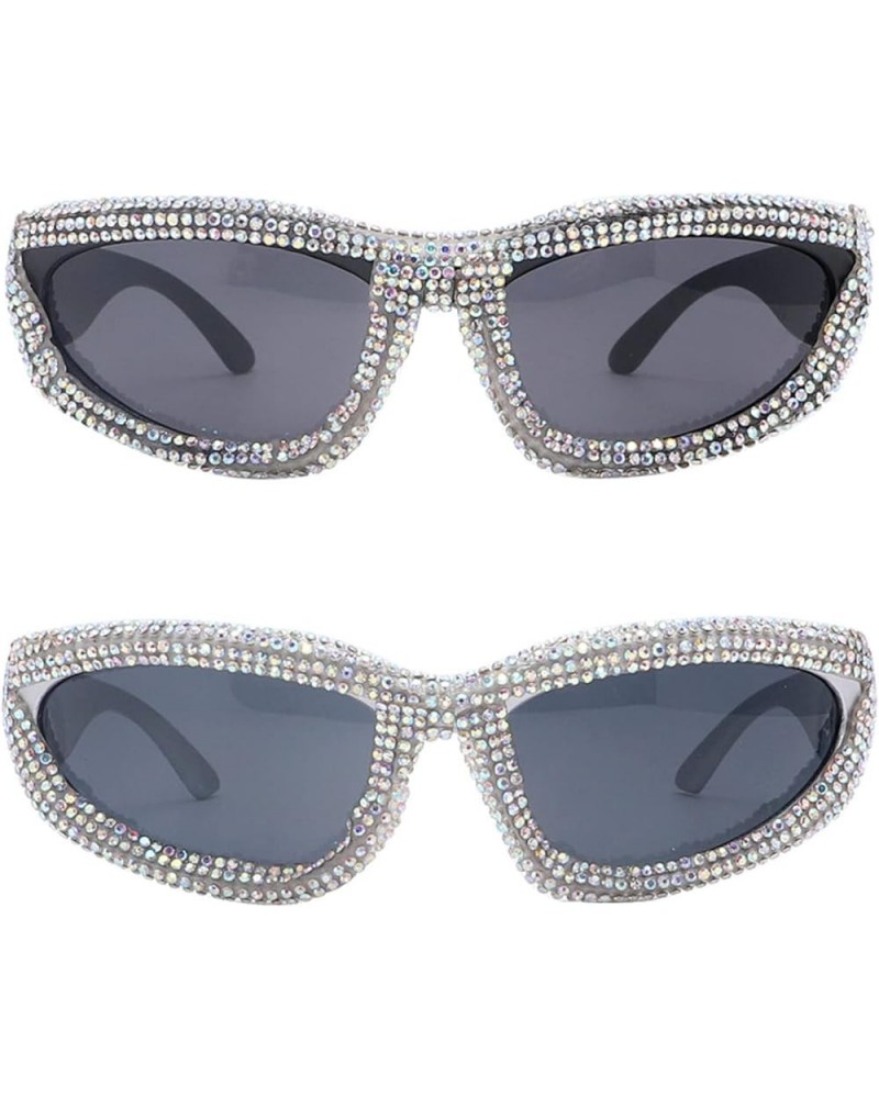 Rhinestone Cat Eye Sunglasses Women Men Trends Punk Sun Glasses Goggle Diamond Eyewear Shades Party Eyeglasses 2pcs-black&sil...