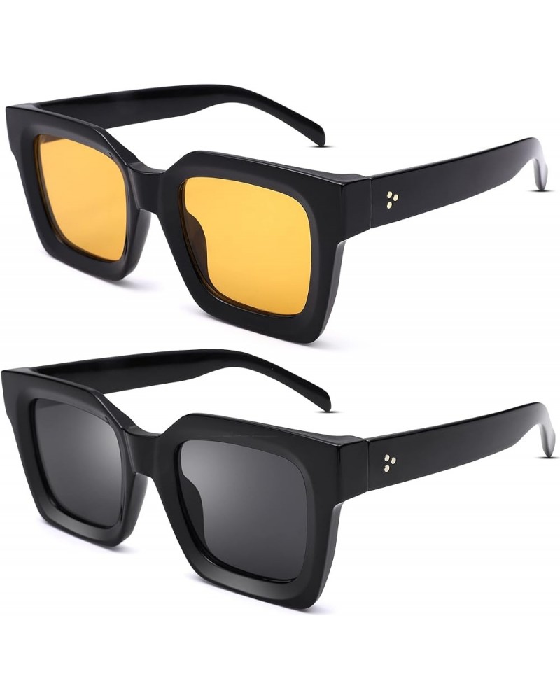 Thick Square Sunglasses for Women Men – Trendy Retro Chunky Rectangle Sun Glasses Black Shades B4* (Black/Black + Black/Yello...