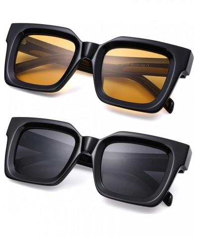 Thick Square Sunglasses for Women Men – Trendy Retro Chunky Rectangle Sun Glasses Black Shades B4* (Black/Black + Black/Yello...