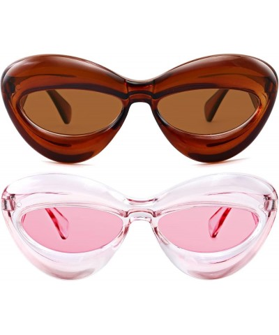 Trendy Inflated Shape Lip Sunglasses for Women Fashion Oversized Cat Eye Shades UV400 Protection 2pack Clear Pink+brown $8.97...