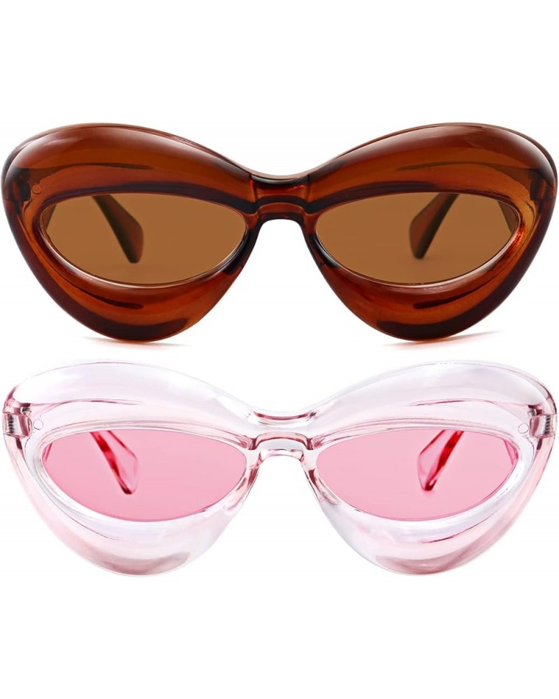 Trendy Inflated Shape Lip Sunglasses for Women Fashion Oversized Cat Eye Shades UV400 Protection 2pack Clear Pink+brown $8.97...