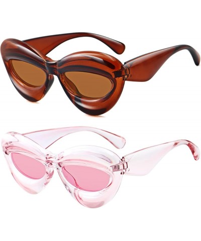 Trendy Inflated Shape Lip Sunglasses for Women Fashion Oversized Cat Eye Shades UV400 Protection 2pack Clear Pink+brown $8.97...