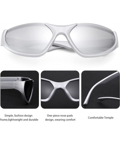 Wrap Around Sunglasses Fashion Butterfly Rectangle Sun Glasses for Women Men Silver Blue Sport Shades UV400 Silver/Silver Mir...