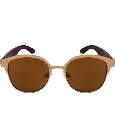 Edge I-Wear Round Horn Rimmed Bamboo Wooden Sunglasses Women Mirror Lens 5110BM-REV Matte Gold Frame/Solid Brown + Gold Coati...