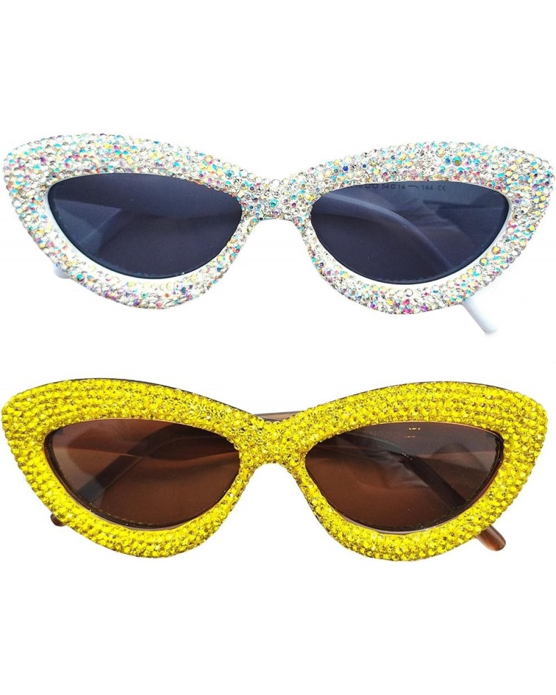 Luxury Fine Shimmering Rhinestone Cat Eye Sunglasses for Women Bling Diamond Sun Glasses 2pcs White+yellow $10.24 Cat Eye