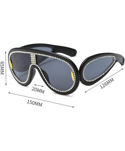 Fashion rhinestone One Piece Sunglasses Women Oversized Outdoor Goggles Sun Glasses Men Punk Windproof Eyewear 2pcs-black&sil...