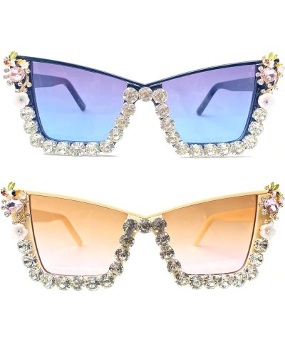 Trendy Cat Eye Rhinestone Sunglasses Women Fashion Oversized Candy Color Shades Semi Metal Frame Diamond Sun Glasses 2pcs-bla...