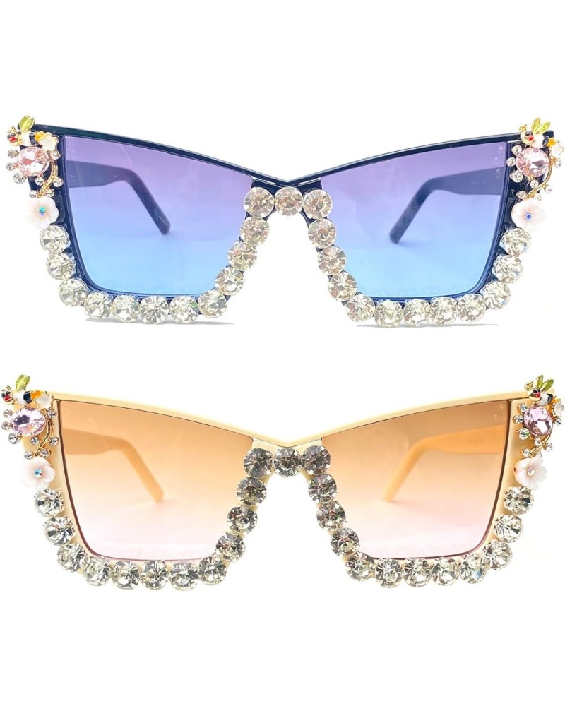 Trendy Cat Eye Rhinestone Sunglasses Women Fashion Oversized Candy Color Shades Semi Metal Frame Diamond Sun Glasses 2pcs-bla...