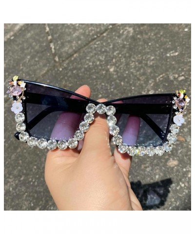 Trendy Cat Eye Rhinestone Sunglasses Women Fashion Oversized Candy Color Shades Semi Metal Frame Diamond Sun Glasses 2pcs-bla...