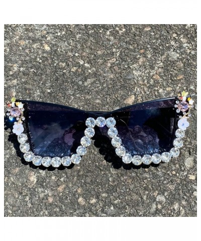 Trendy Cat Eye Rhinestone Sunglasses Women Fashion Oversized Candy Color Shades Semi Metal Frame Diamond Sun Glasses 2pcs-bla...