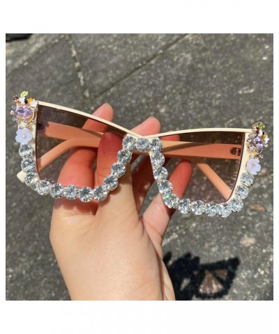 Trendy Cat Eye Rhinestone Sunglasses Women Fashion Oversized Candy Color Shades Semi Metal Frame Diamond Sun Glasses 2pcs-bla...