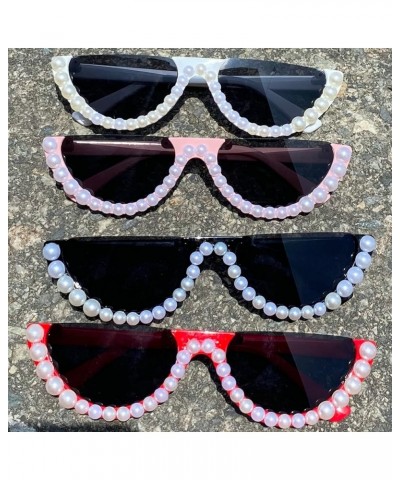 Colorful Diamond Fashion Half Moon Frame Sunglasses for Women Cat Eye Bling Rhinestone Sun Glasses Ladies Party Eyewear Pearl...