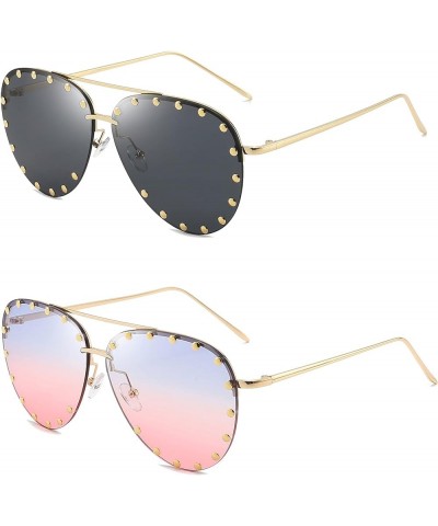 Studded Sunglasses for Women Fashion Studded Aviator Sunglasses Metal Frame UV 400 A9:2 Packs-grey+blue&pink Lens $11.75 Over...