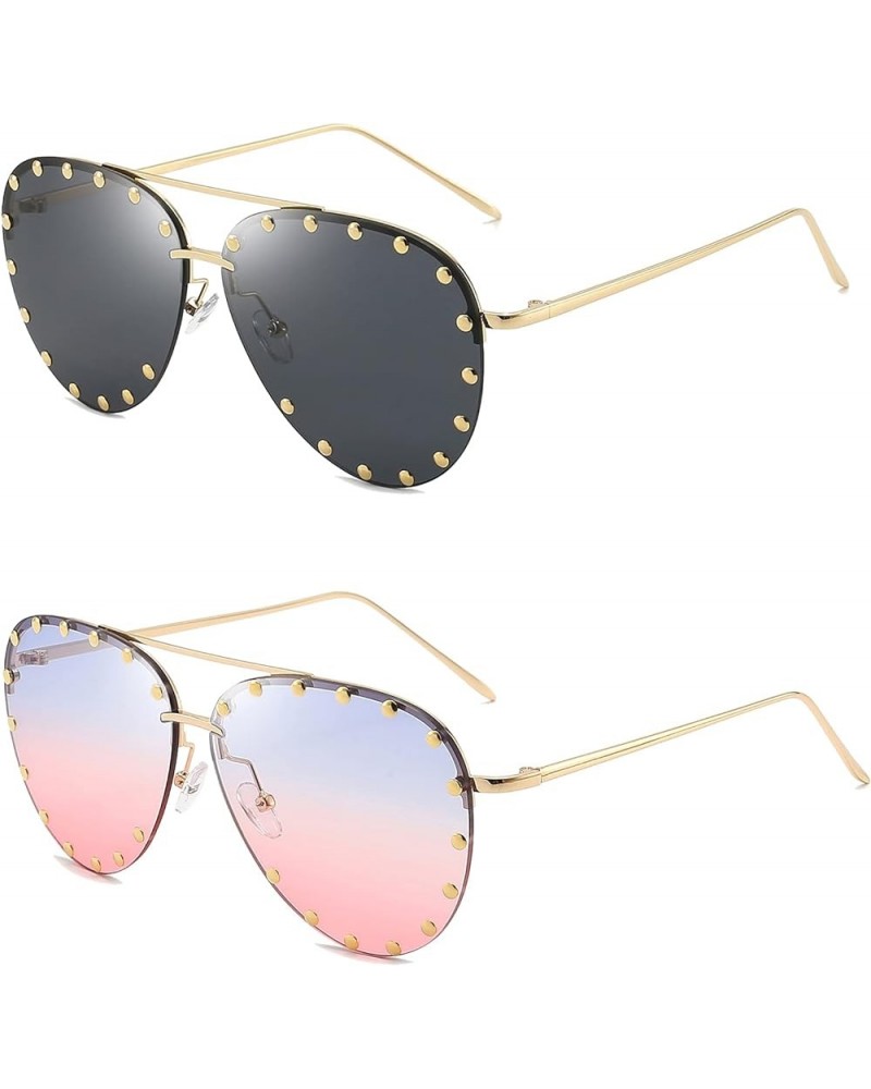 Studded Sunglasses for Women Fashion Studded Aviator Sunglasses Metal Frame UV 400 A9:2 Packs-grey+blue&pink Lens $11.75 Over...