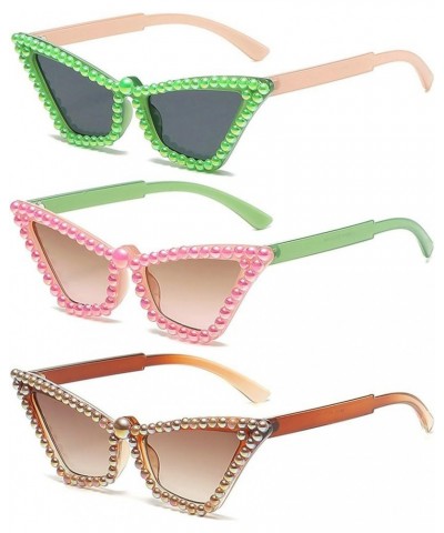 Small Cat Eye Sunglasses Womens Men Fashion Rhinestones Bling Gradient Grey Pearl Sun Glasses Female 3pcs Green+pink+brown $9...