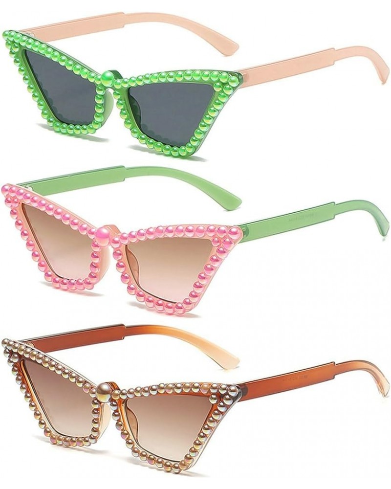 Small Cat Eye Sunglasses Womens Men Fashion Rhinestones Bling Gradient Grey Pearl Sun Glasses Female 3pcs Green+pink+brown $9...