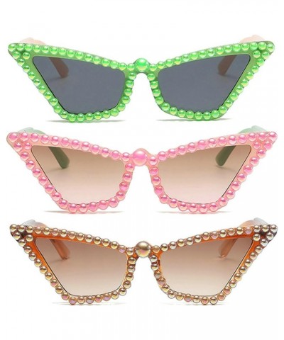 Small Cat Eye Sunglasses Womens Men Fashion Rhinestones Bling Gradient Grey Pearl Sun Glasses Female 3pcs Green+pink+brown $9...