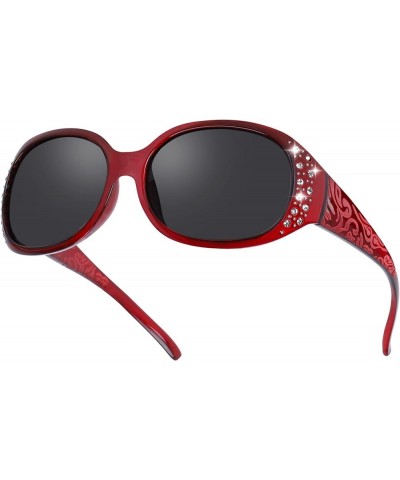 Polarized Sunglasses for Women, Rhinestone Wrap Around Sunglasses with UV400 Protection Wine Red Frame Grey Lens $10.33 Oval