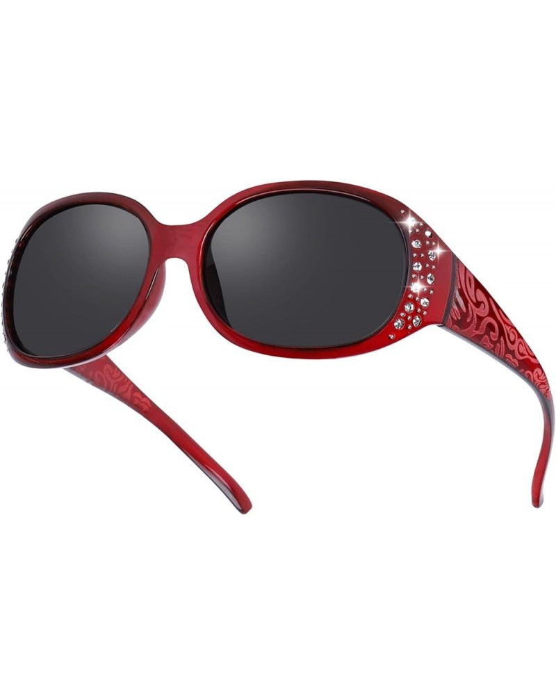 Polarized Sunglasses for Women, Rhinestone Wrap Around Sunglasses with UV400 Protection Wine Red Frame Grey Lens $10.33 Oval