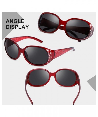 Polarized Sunglasses for Women, Rhinestone Wrap Around Sunglasses with UV400 Protection Wine Red Frame Grey Lens $10.33 Oval