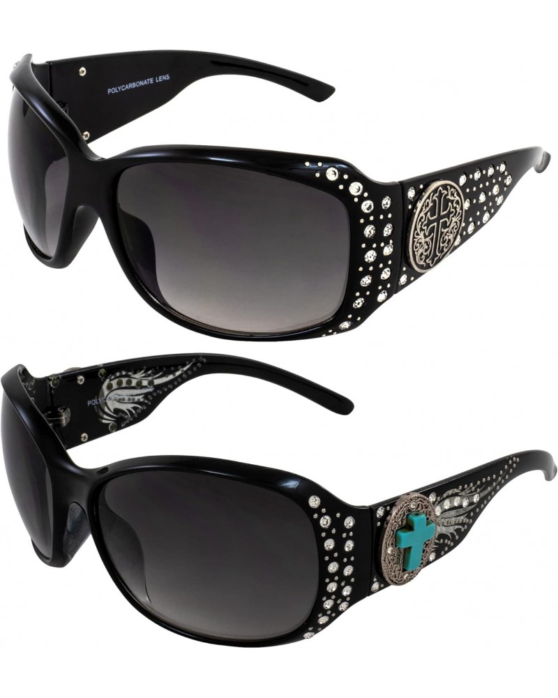 2 Pairs of Fashionable Riding Sunglasses for Women Black Frame w/Metal Cross Accent Piece Bling Rhinestones & Smoke Gradient ...