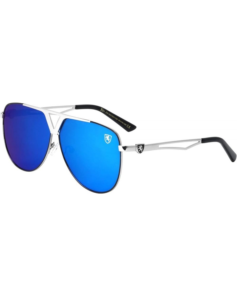 Motor - Color Mirror Lens V Shape Bridge Temple Metal Cut Out Modern Aviator Sunglasses Blue Silver $11.74 Aviator