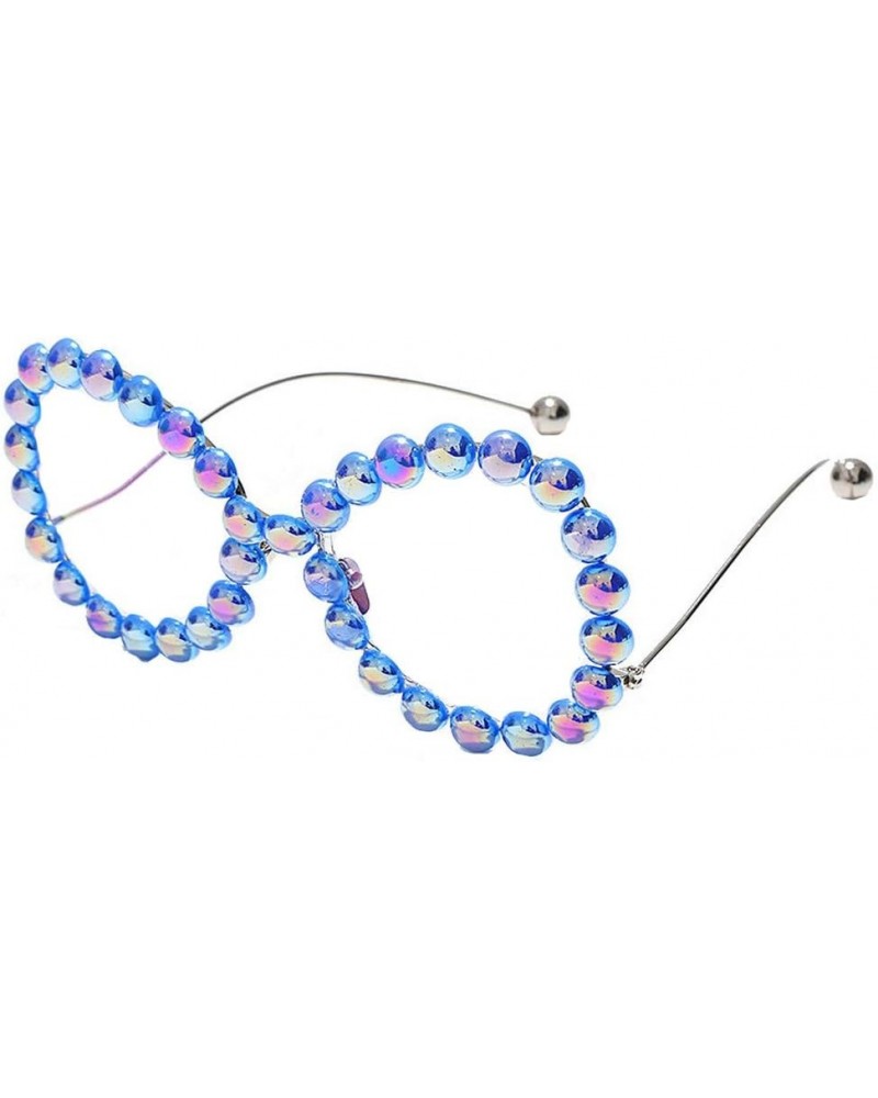 Handmade Diamond Pearl Full Frame Spectacle Frame Plain Lens Metal Round Ladies Sunglasses 8-Color DIY Glasses Blue $11.71 Round