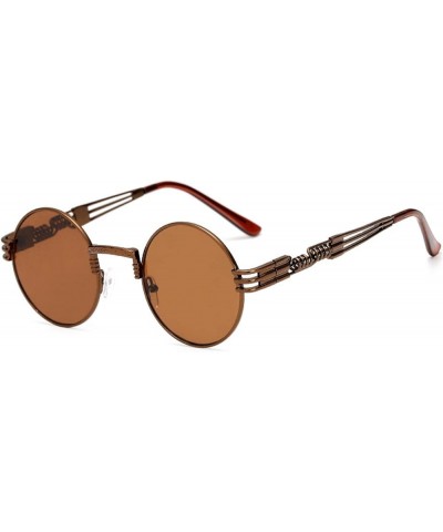 Fashion Trend Spring Leg Round Frame Sunglasses Men and Women Universal Sunglasses Metal Sunglasses Bronze Frame Tea Slices $...