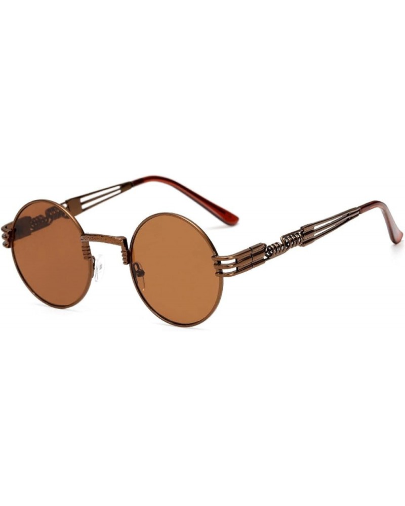 Fashion Trend Spring Leg Round Frame Sunglasses Men and Women Universal Sunglasses Metal Sunglasses Bronze Frame Tea Slices $...