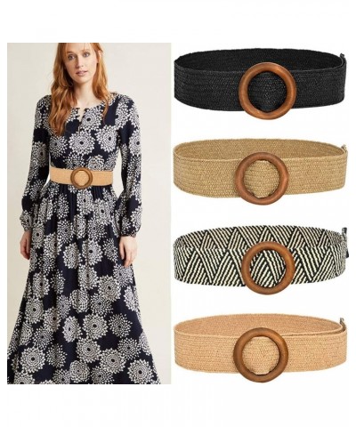 Women's Vintage Waist Belt Fashion Beautiful Casual Dailytime Round Wooden Smooth Buckle Fake Straw Wide Belt C $4.33 Round